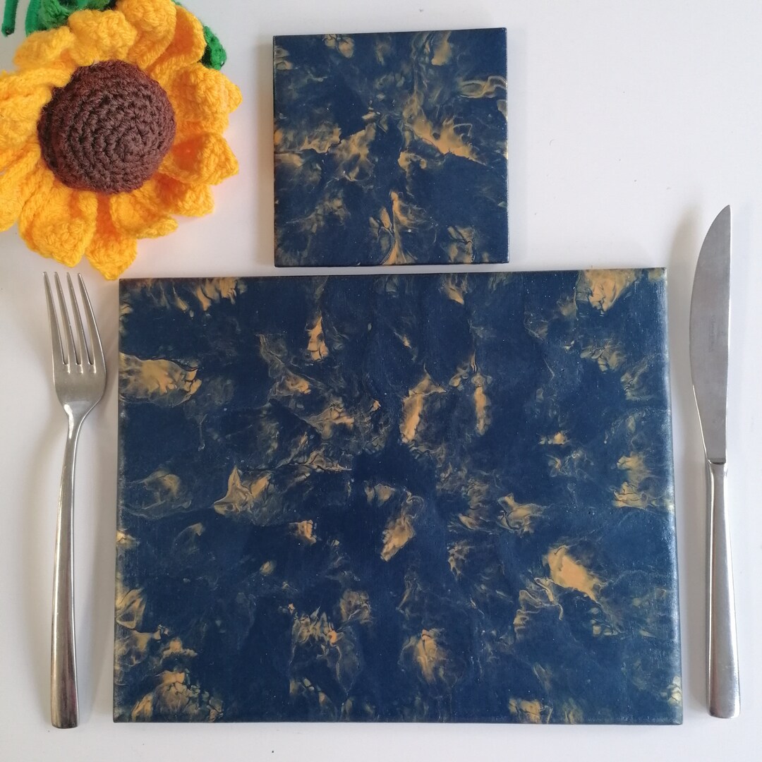 Navy and Copper Placemat and Coaster, Single Table Mat and Coaster, Navy Home Decor, Copper