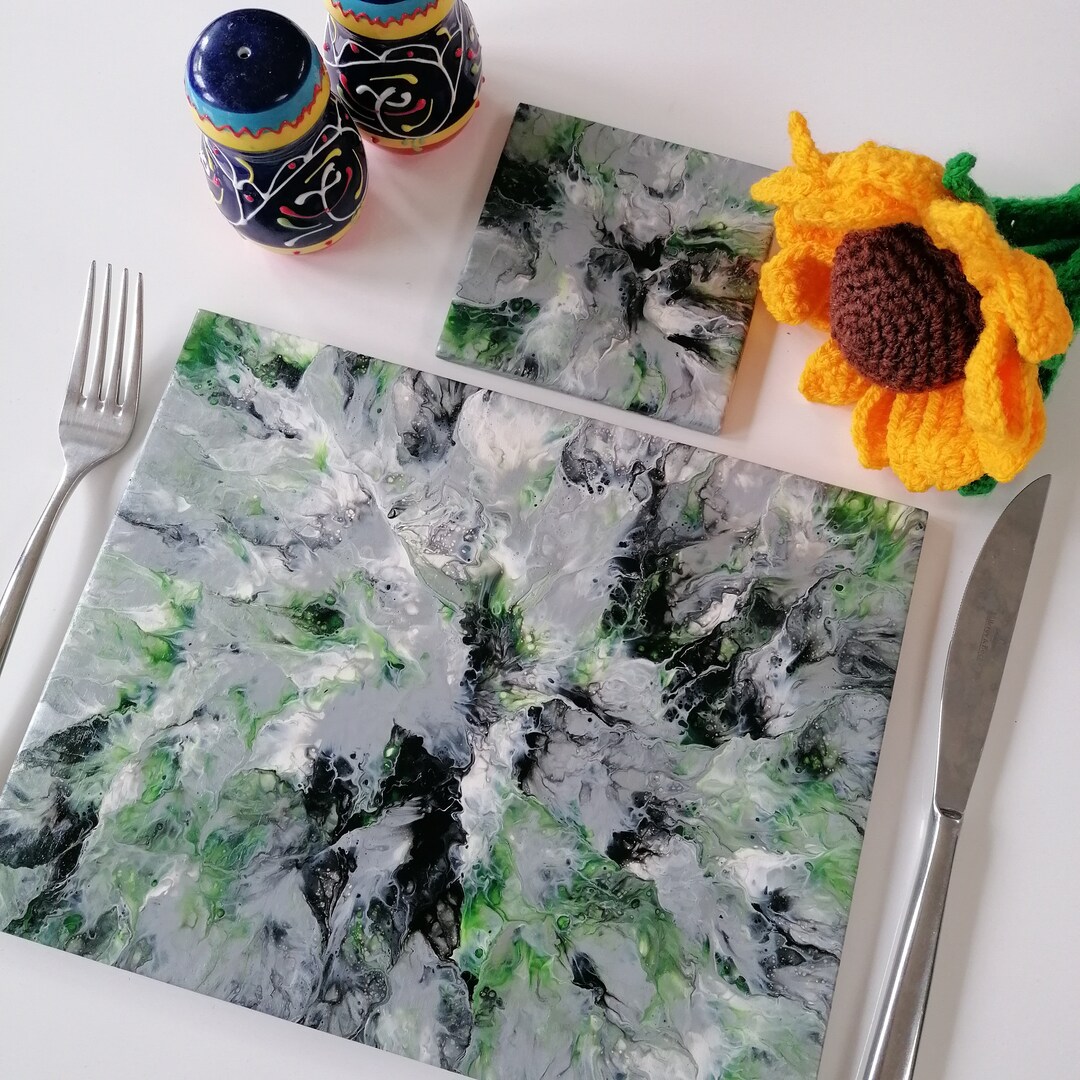 Placemat and Coaster Green Silver Black, Single Table Mat and Coaster