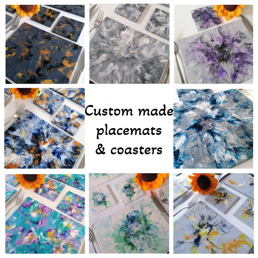 CUSTOM MADE Placemats And Coasters Hand Painted Acrylic Pour Tiles custom-made-placemats-and-coasters-hand-painted-acrylic-pour-tiles