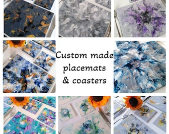 CUSTOM MADE placemats and coasters, hand painted acrylic pour tiles, dinner mats gift for engaged couple, personalized table mats & coasters