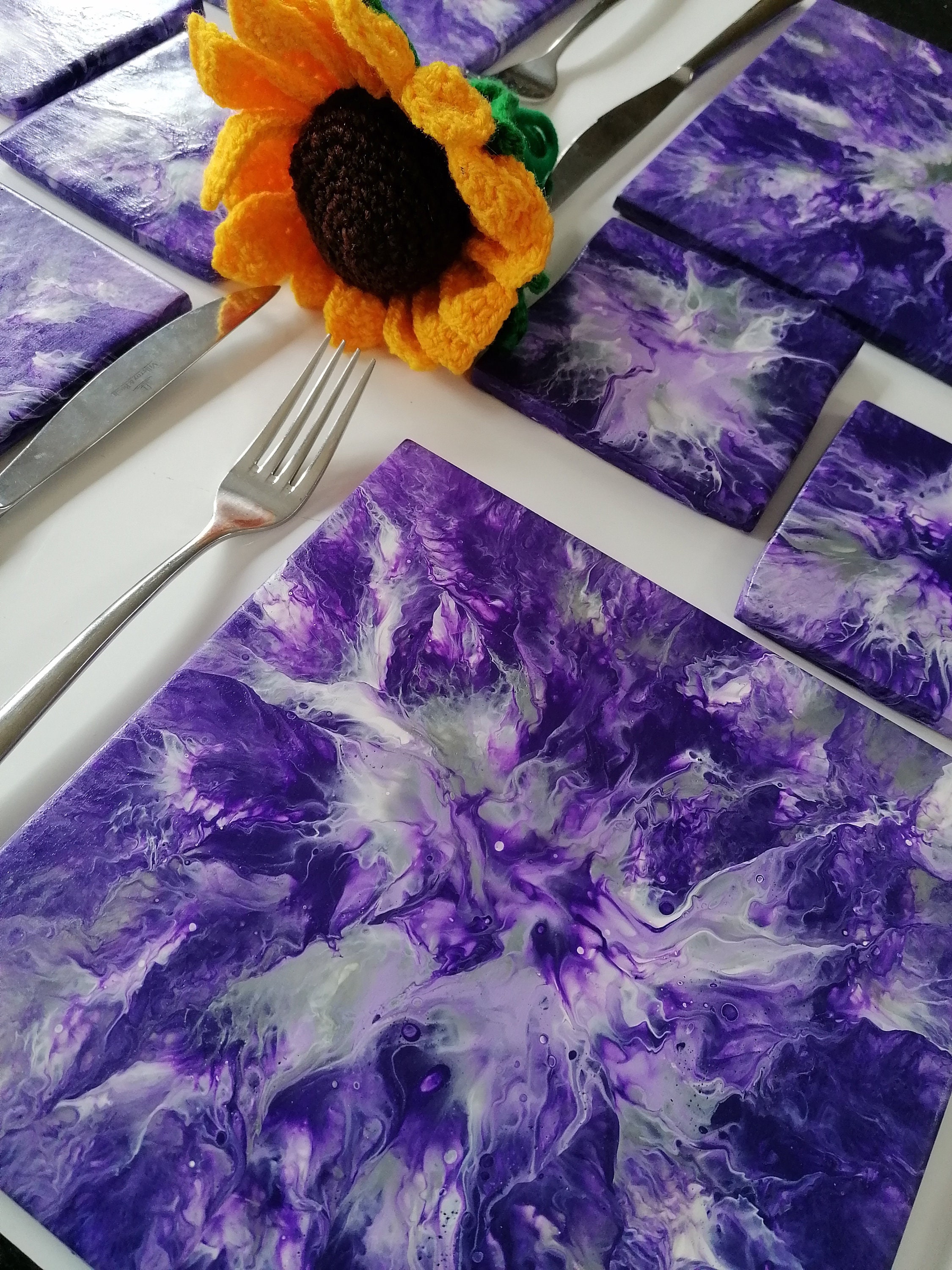 Square Purple Placemats and Coasters Set of 4 Acrylic Pour Etsy UK
