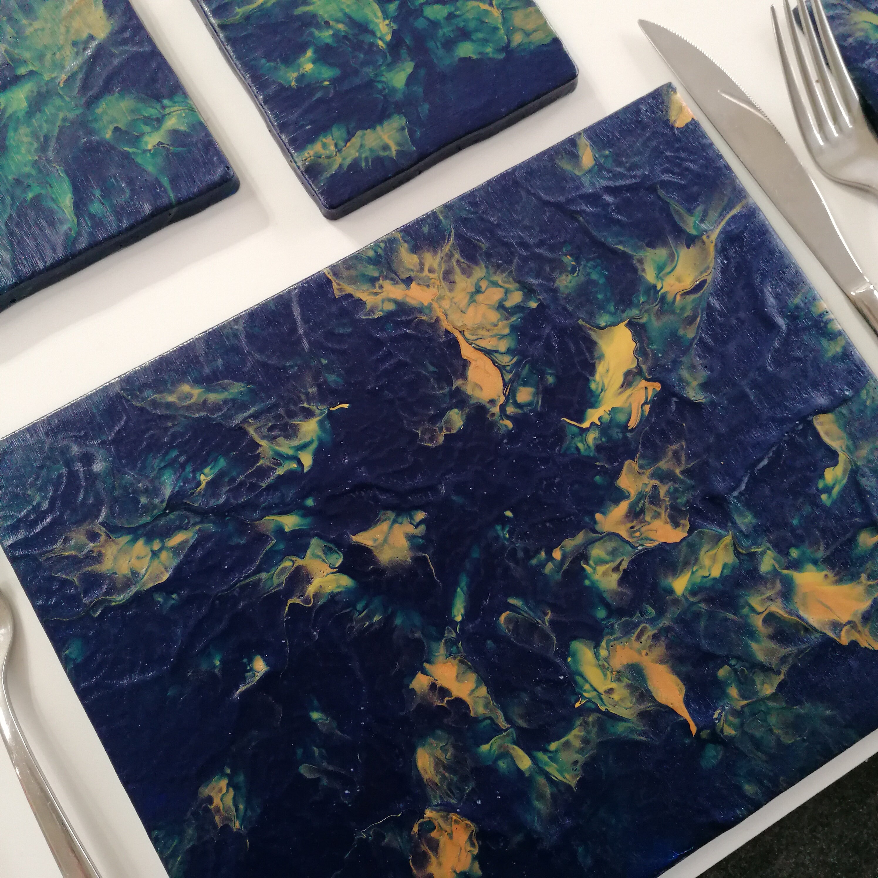 4 Navy Gold Placemats and Coasters Acrylic Pour Hand Painted Etsy