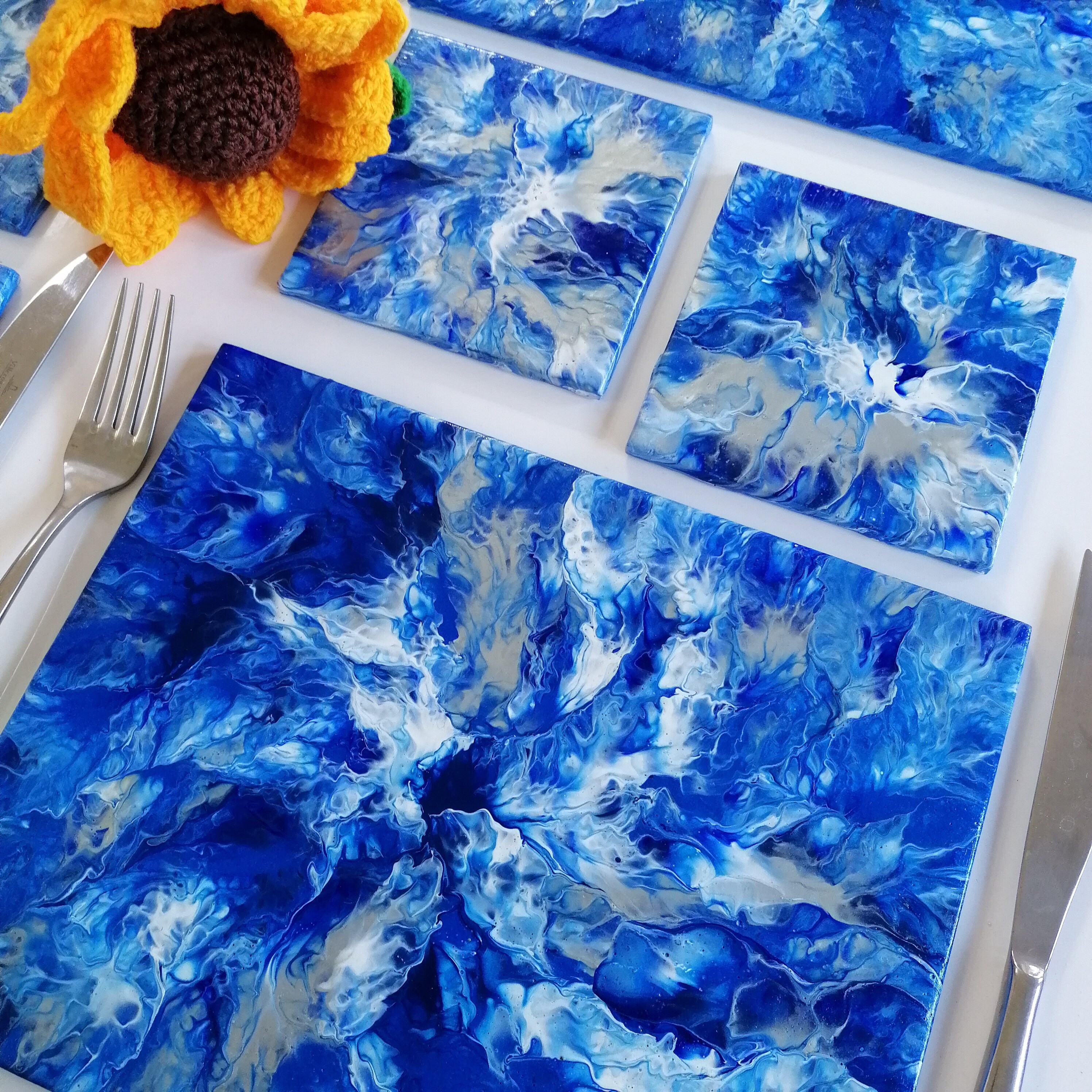 Placemat and Coaster Set of 6 Blue Table Mats Acrylic Pour Etsy UK
