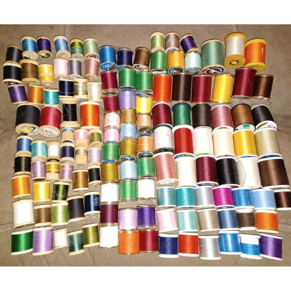 Lot of 130+Vintage Multicolor Thread many on Wooden Spools. Silk, cotton, wool