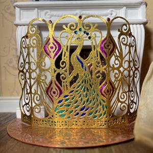 Filigree and Foil Peacock Dollhouse Fire Screen Jeweled Handmade Pink Green Blue