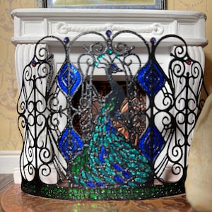 Filigree and Foil Peacock Dollhouse Fire Screen Jeweled Handmade Black Green Blue