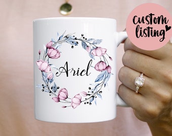 Personalized Floral Wreath Mug, Mug With Name, Personalized Name Mug, Floral Mug, Floral Monogram Mug, Personalized Gifts,