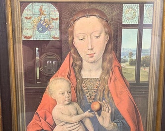 Antique framed colored religious etching behind glass of the Virgin Mary with baby Jesus by Hans Memling.