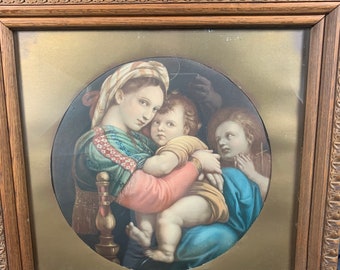 Beautiful, large antique painting of a mother with her child and an angel in the background -