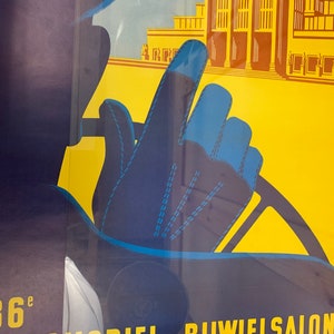 Raro cartel publicitario original de gran tamaño de época auténtico para el salón del automóvil / 36.º salón del automóvil y la bicicleta de Bruselas 1953 / Palacio del centenario de Bruselas