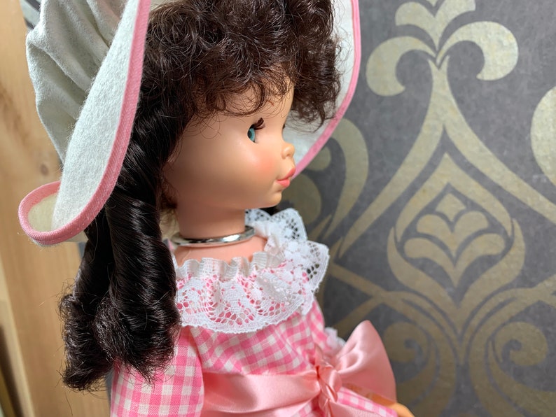 Puede incluir: Una mu&ntilde;eca vintage con cabello casta&ntilde;o rizado, vestida con un vestido de cuadros vichy rosa y blanco con un cuello de encaje blanco, una cinta de raso rosa y un sombrero blanco con ribete rosa.