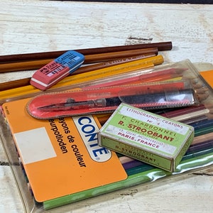 Craft supplies - vintage drawing supplies - ink pen - old pencils - charcoal sticks - colored pencils - eraser