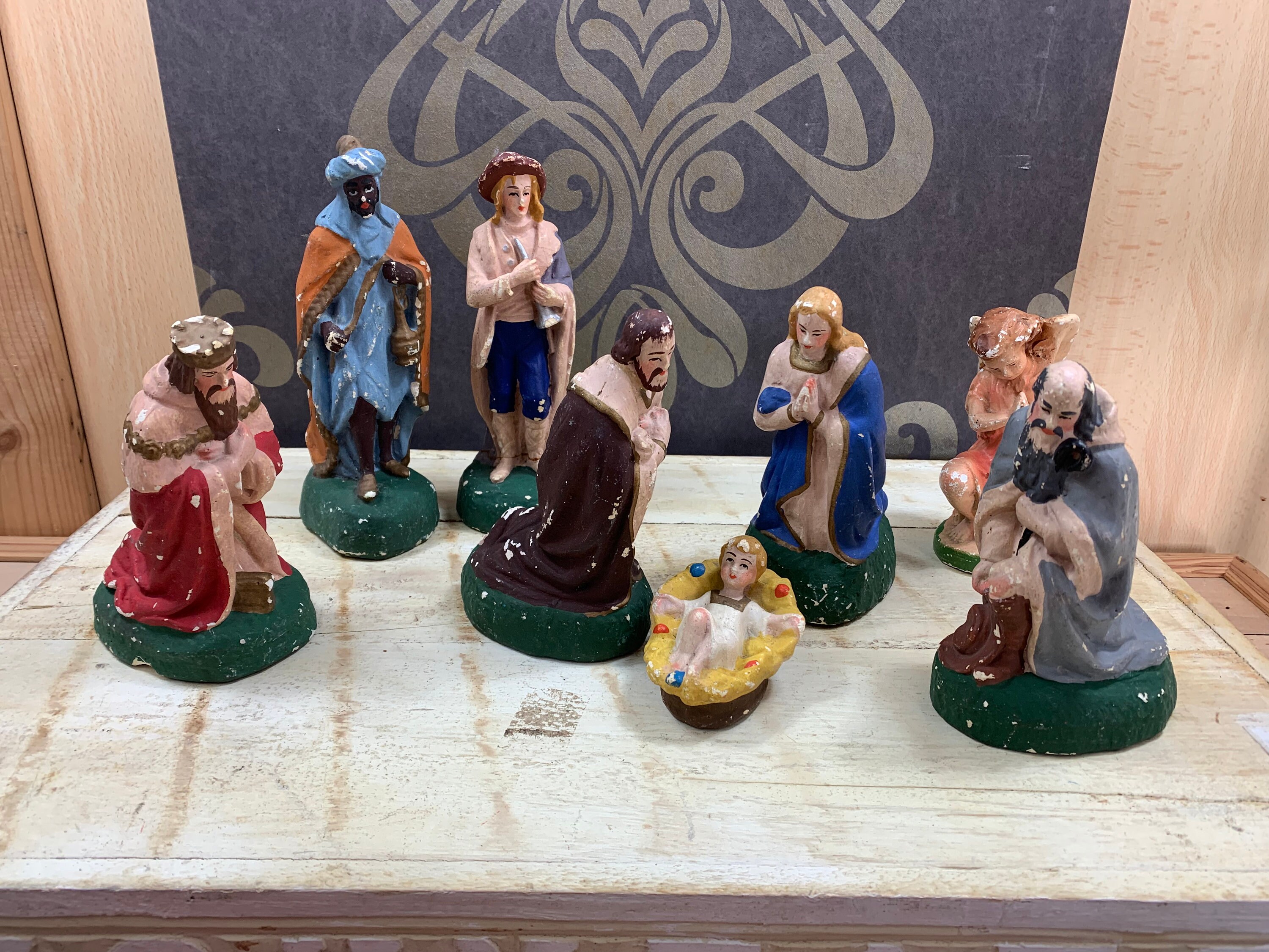 Antique hand-painted Christmas figurines - "Nativity scene" - Joseph, Mary, Jesus, the Three Kings, a Shepherd, and an Angel.