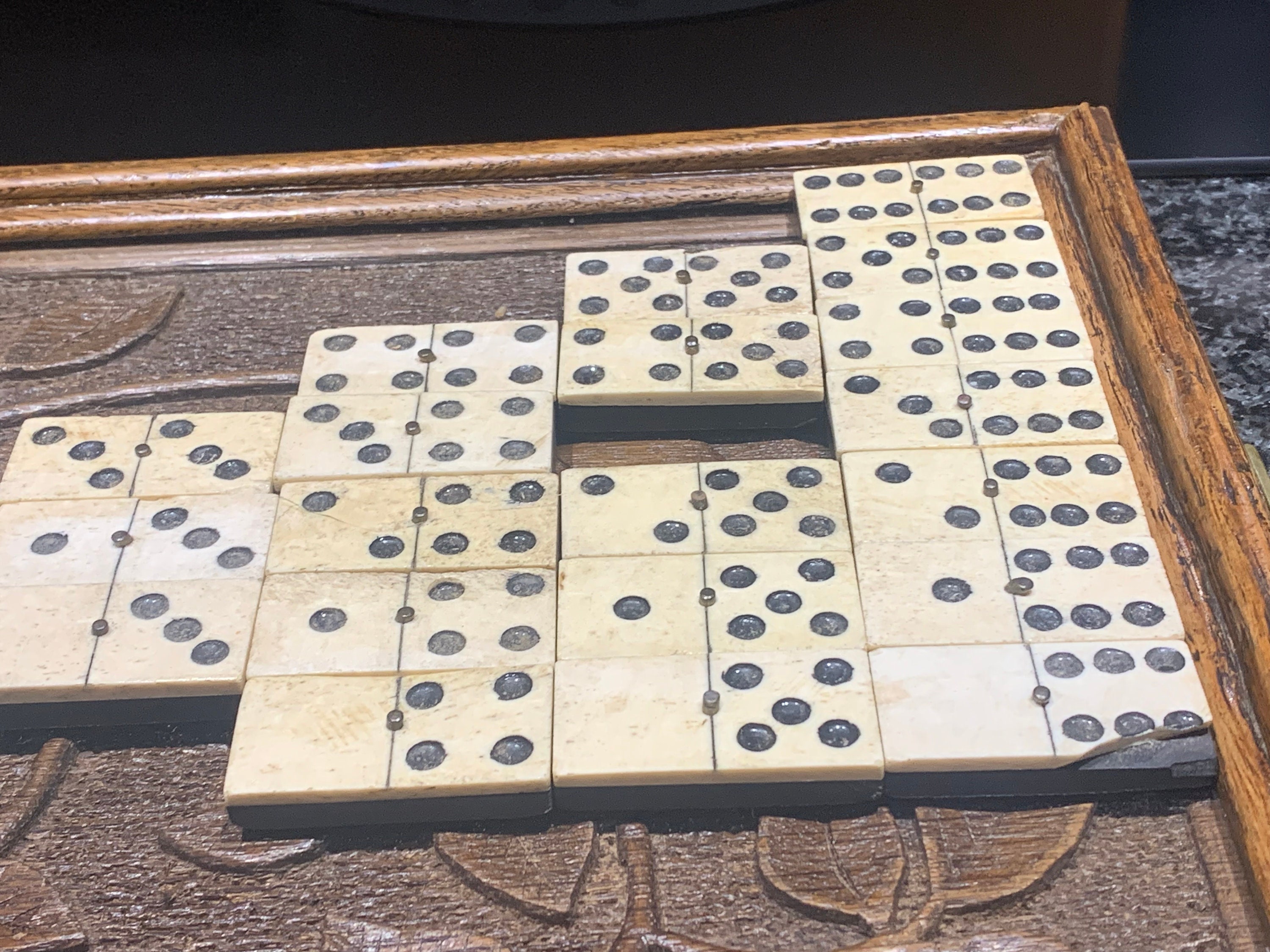Antique Set of 26 Dominoes in Bone Bone and Ebony With Brass Rivet in a