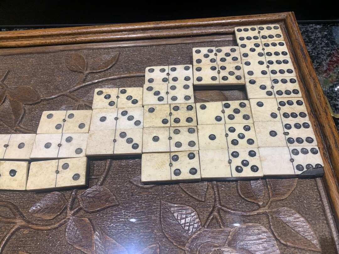 Antique Set of 26 Dominoes in Bone Bone and Ebony With Brass Rivet in a
