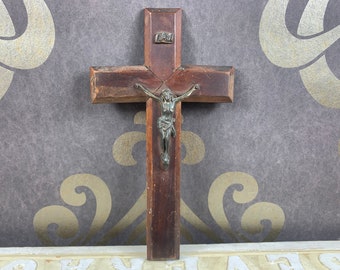 Antique religious item - copper statue of Saints on a wooden cross - antique crucifix - Jesus Christ on the cross