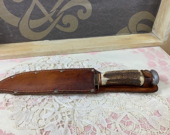 Cuchillo vintage de acero inoxidable Solingen - 35 cm - con funda de cuero - mango de asta de ciervo