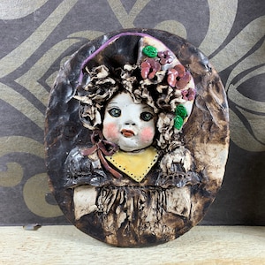Vintage - beautiful painting - artwork of a girl with a hat decorated with flowers - plaster handmade and hand-painted artwork