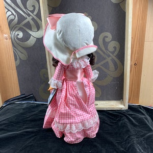 Puede incluir: Una mu&ntilde;eca de porcelana que lleva un vestido de cuadros vichy rosa y blanco con un ribete de encaje blanco. La mu&ntilde;eca lleva un gorro blanco con una cinta rosa.