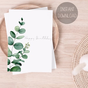 Ramo de eucalipto, cartão de feliz aniversário, cartão para impressão de 5 "x7", texto personalizado, cartão personalizado, download instantâneo