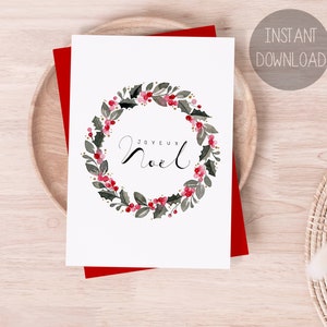 Christmas Printable Card, 5x7” Card, Joyeux Noel, Watercolor Handmade Card