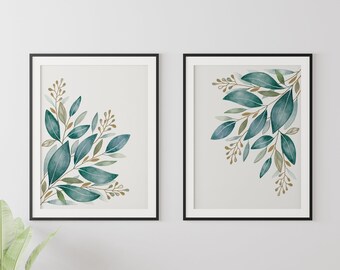 Green Leaves Print , Watercolor Leaves Print, Printable Wall Art, Watercolor Eucalyptus, Botanical Wall Print, Greenery Wall Print