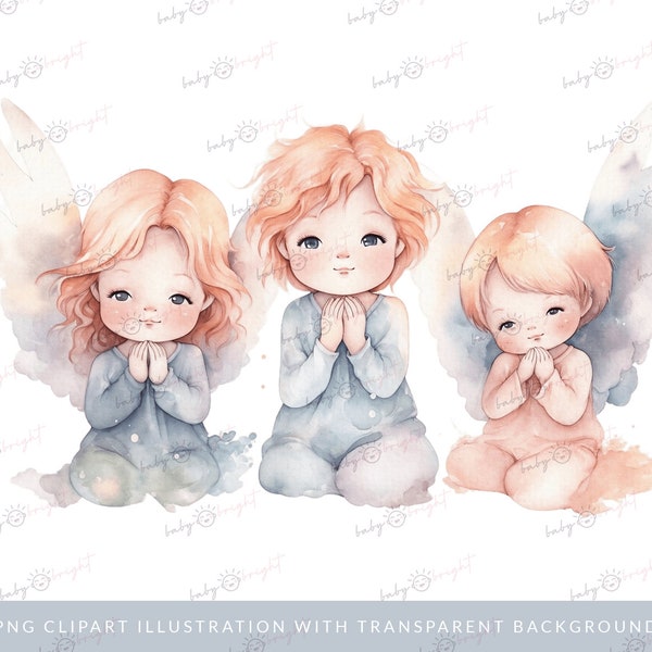 Clipart-Illustration mit drei betenden Engeln, Aquarell-Pastell-Illustration, niedlicher Cartoon ohne Hintergrund, Digi-Scrapbooking, digital