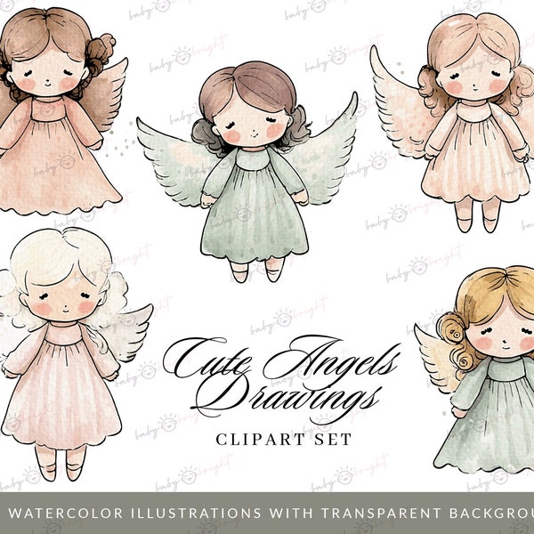 Satz Clipart-Illustrationen Engel, Putten, Aquarell, Illustrationen mit Engeln, niedliche Engel, niedliche Cartoons ohne Hintergrund, Digi-Scrapbooking