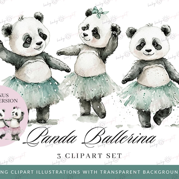 Satz Panda-Ballerina-Illustrationscliparts, Aquarell, tanzende Illustration, süße Pandas, niedlicher Cartoon ohne Hintergrund, Digi-Scrapbooking