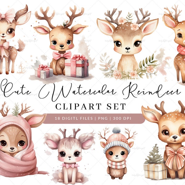 Zestaw clipartów ilustracji renifery, pastelowe renifery Akwarela z reniferami Urocze clipart słodkie bez tła scrapbooking digi pudrowy róż