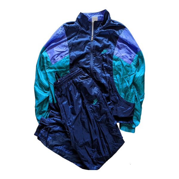 Rare Vintage Nike Tracksuit Vintage   80- 90s Nike Men's Blue green Windbreaker Track Suit Jacket & Pants Set XL