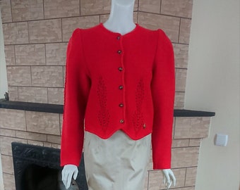 vintage autrichien Kitz-Pichler années 80 Tyrolien Tricot Folk Cardigan Rouge Trachten pure laine neuve