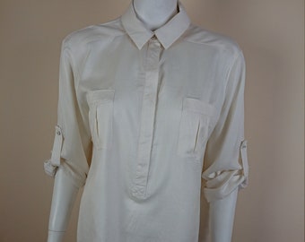 Jaeger Women Vintage Blouse Top Shirt Plain Silk Beige US 10 M