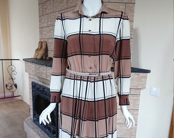 Louis Feraud Paris Vintage Silk Dress 70-80s Squared W.Germany Brown size 42 S-M