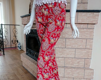 Christian Dior por John Galliano Vintage 2002 Y2K Boutique Paris Floral Paisley Print Cotton Flare Pants Pantalón Rojo UK10 US 6