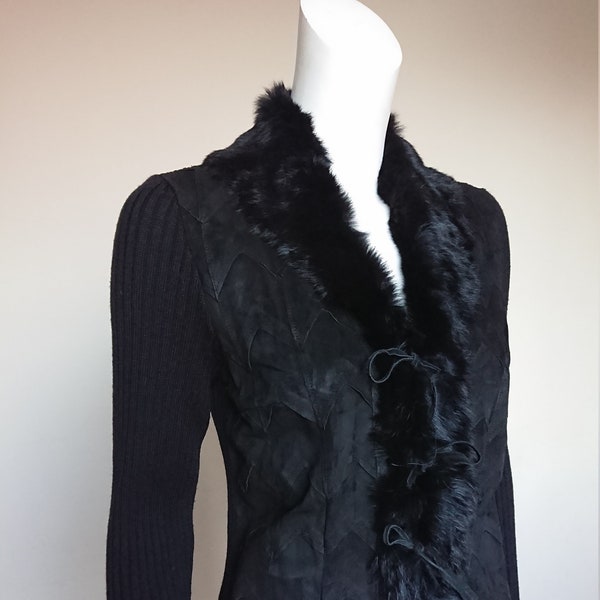 Madeleine vintage femme cardigan veste blazer tricot pull laine cuir fourrure noir taille UK 10/12