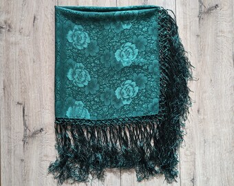 Vintage Silk Jacquard Scarf Neckscarf Fringed green Floral Print Dirndl Folk National Style Scarf Oktoberfest