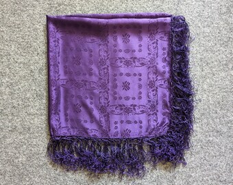 Vintage Silk Jacquard Scarf Neckscarf Fringed Purple Floral Print Dirndl Folk National Style Scarf Oktoberfest