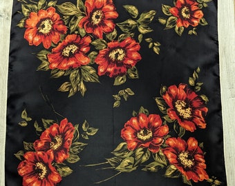Vintage silk scarf Italy Black with red flowers 66*67 cm