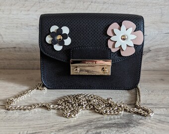 Furla Metropolis Women s Leather Mini Crossbody Bag With Flowers Black With Chain Etsy