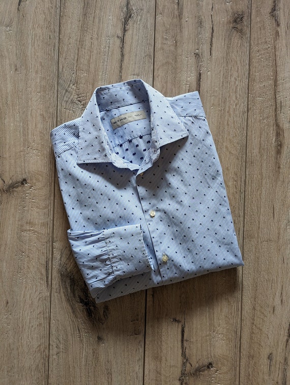 Etro Milano Vintage Shirt Men Cotton Light Blue Pinstripe With 