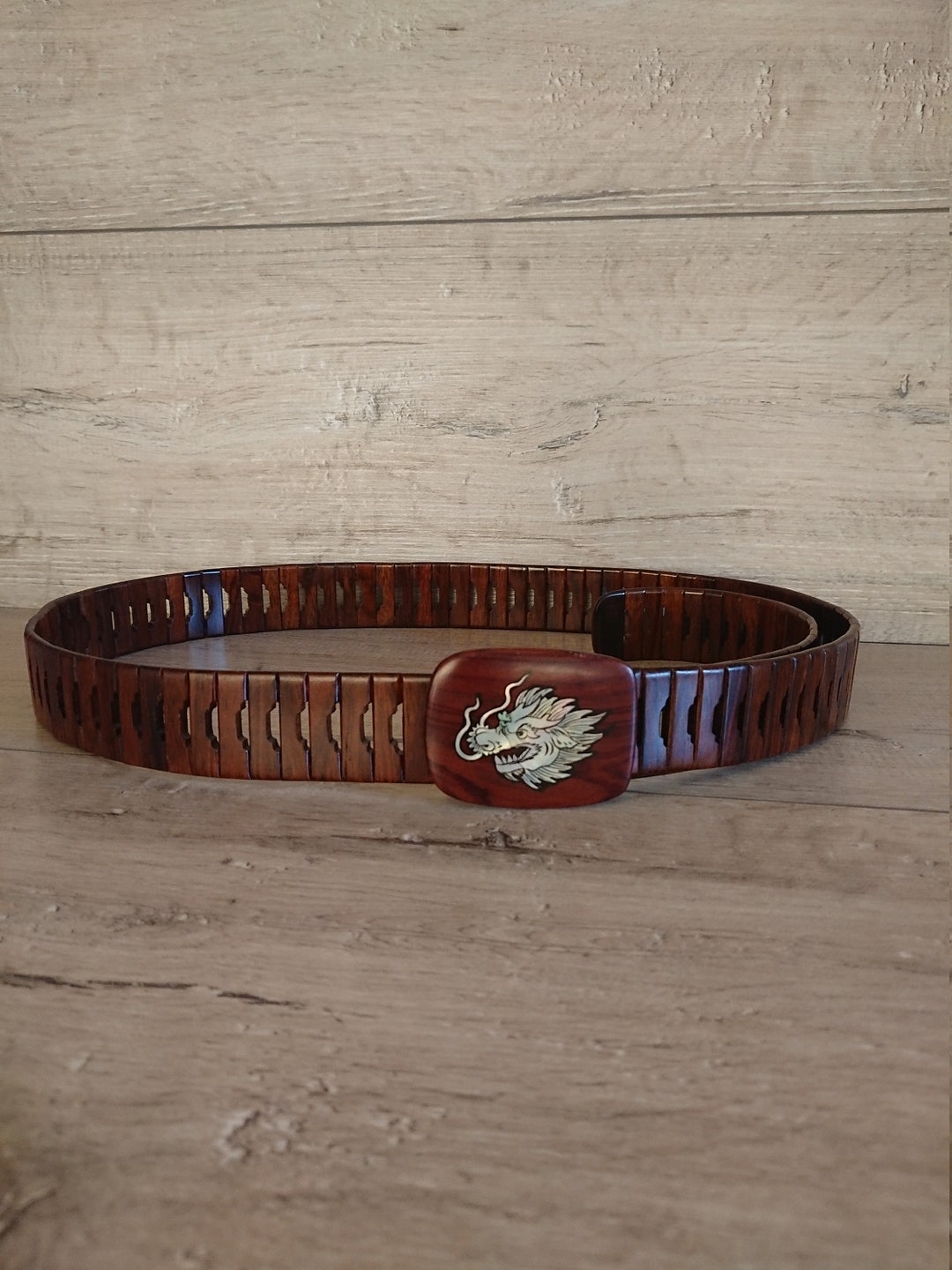 Vintage Wood Belt in Chinese Style With Pearl Dragon Pattern Handmade