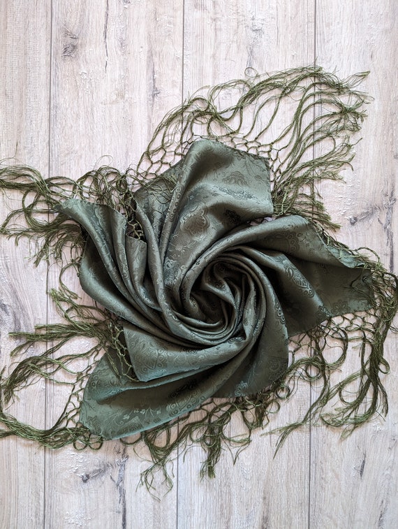 Vintage Silk Jacquard Scarf Neckscarf Fringed Flo… - image 4