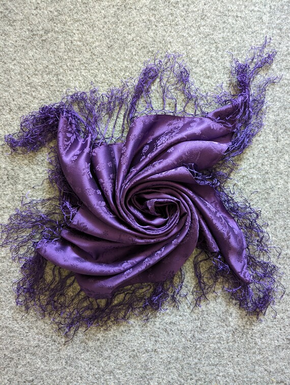 Vintage Silk Jacquard Scarf Neckscarf Fringed Pur… - image 2