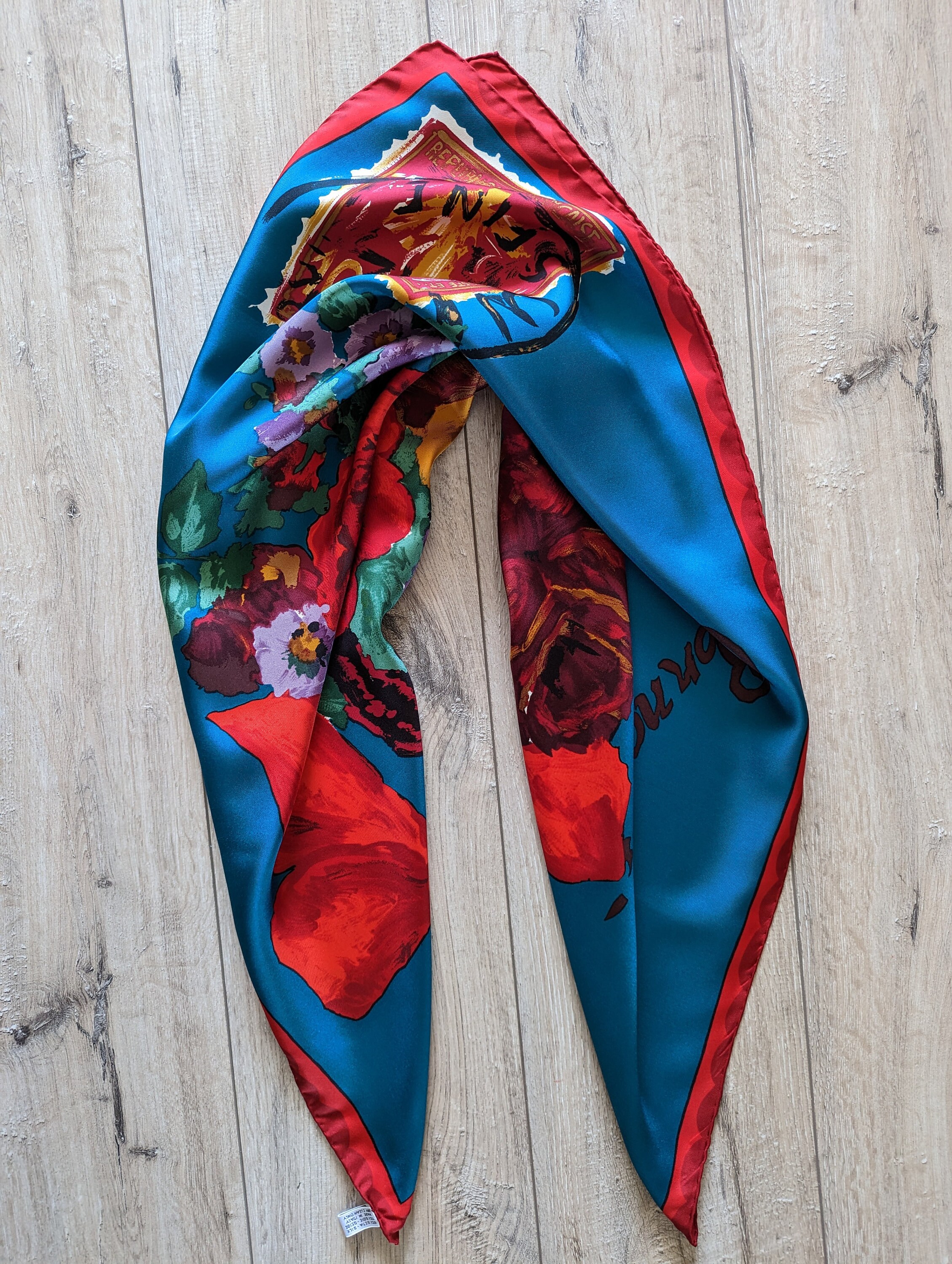 EMANUEL UNGARO Vintage Silk Satin Scarf Turquoise Floral Print -   Denmark