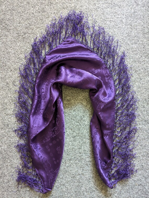 Vintage Silk Jacquard Scarf Neckscarf Fringed Pur… - image 5