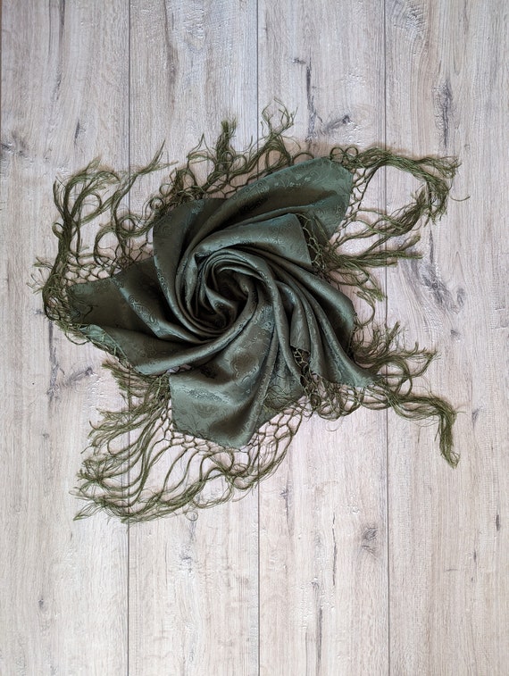 Vintage Silk Jacquard Scarf Neckscarf Fringed Flo… - image 10