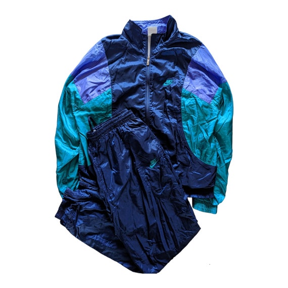 Rare Vintage Nike Tracksuit Vintage 80 90s Nike Men's Blue Green  Windbreaker Track Suit Jacket & Pants Set XL 