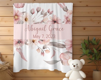 Personalized Pink Kids Name Blanket, Custom Baby Shower Gift, Floral Girl Blanket, Personalized Newborn Gift, Birthday Gift For Kids