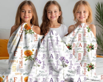 Birth Flower Personalized Kid's Name Blanket, Custom Baby Shower Gift, Girl Name Blanket, Personalized Newborn Gift, Birthday Gift For Kids